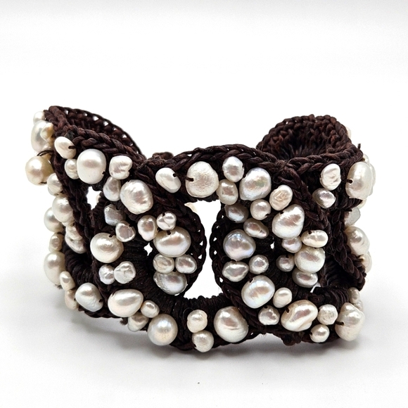 VINTAGE Unique Handmade Woven Wide Bracelet Freshwater Pearls - Picture 2 of 8